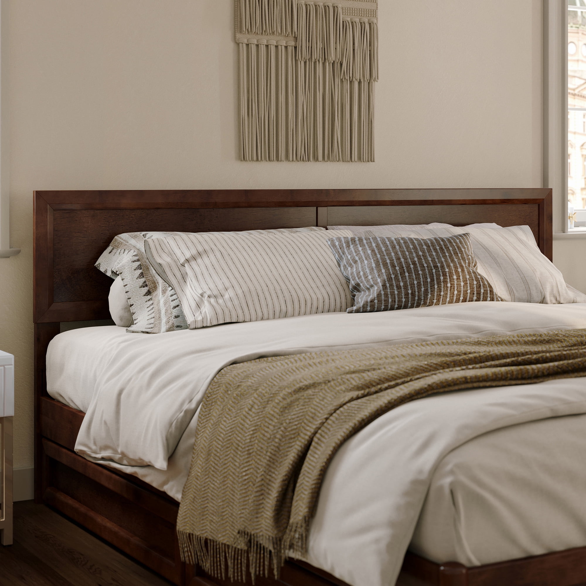 AFI Lylah King Wood Platform Bed with Panel Footboard and Twin XL Trundle, Walnut