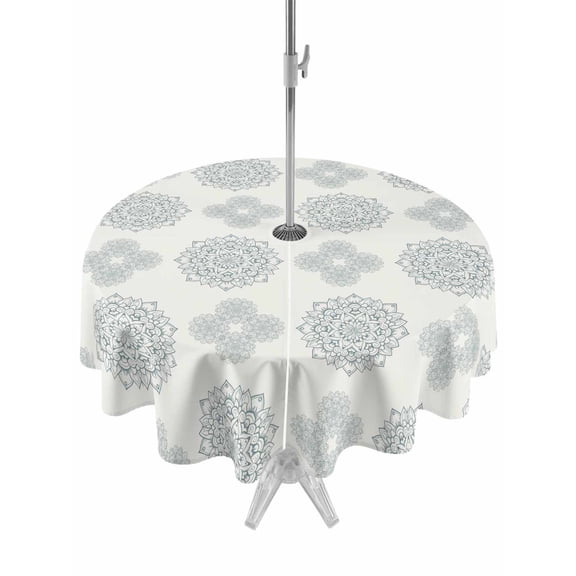 Outdoor Tablecloth with Umbrella Hole for Patio/Picnic/Party/Camping, Blue Green Bohemia Waterproof Table Cloth Round Cover Washable, Vintage Abstract Boho Flowers Cream (Dia 60")