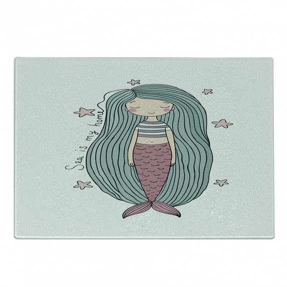 Mermaid Cutting Board, Sea is My Home Words Written in Strand of Hair Girl Sleeping with Stars, Decorative Tempered Glass Cutting and Serving Board, Small Size, Pink Lilac Slate Blue, by Ambesonne