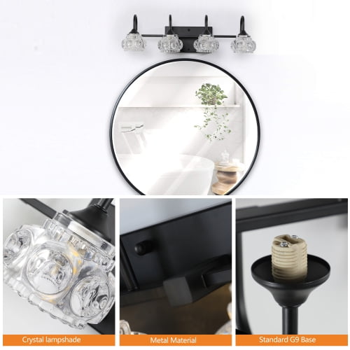 Hi-LIGHTS,Retro 4-Light Bathroom Vanity Light Fixture with Crystal Glass Shades(Bulbs Not Included),Wall Mounted Lighting for Bathroom,Dressing Room,Powder Room and Vanity Mirror(Black）