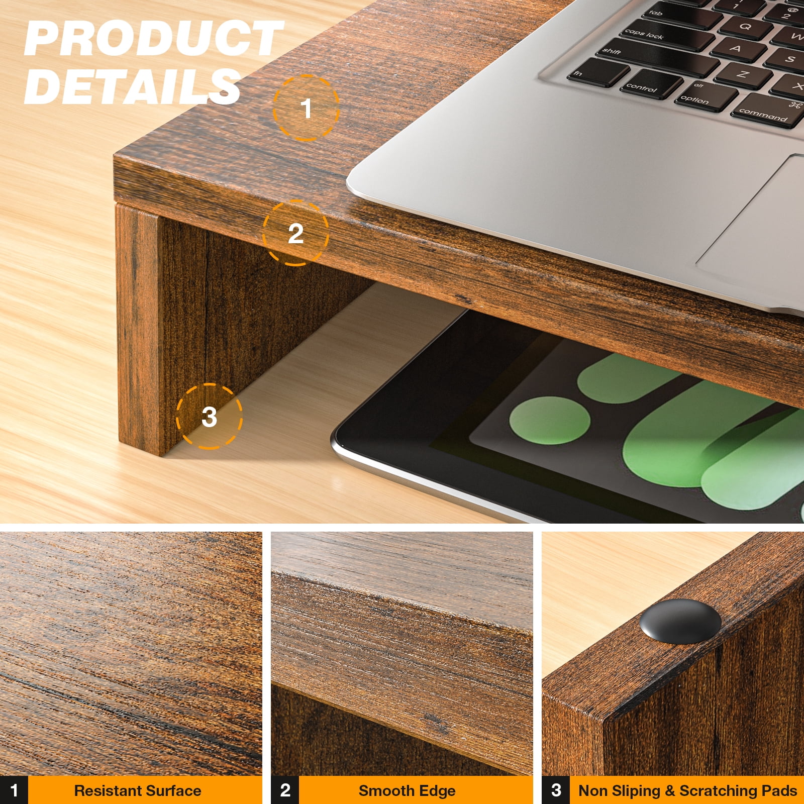 RTVR Dual Monitor Stand Riser Office Desktop Organizer Stand for 2 Monitors, Adjustable Length & Angle 3 Shelf Extra Long for TV Computer Laptop, Brown