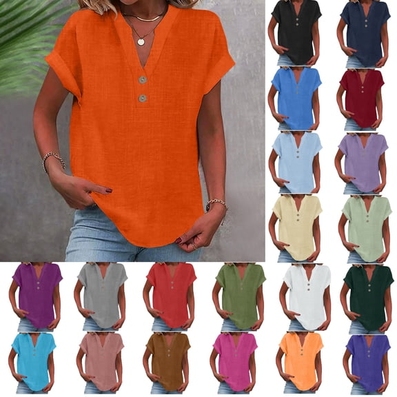 Ashyfjp Womens Tops Fashion Loose-Fit Solid-Color Short-Sleeve V-Neck Button-Down Shirt T-Shirt Tops for Women, Orange, XXXXL