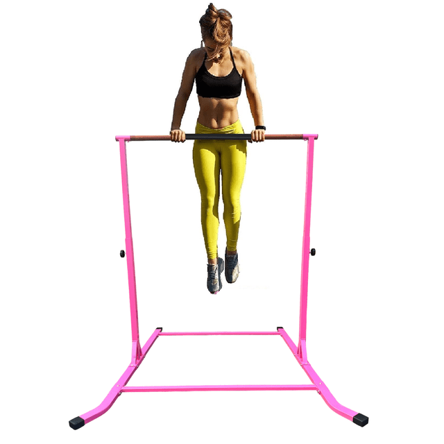 GYMPROS Gymnastics Bar 5 FT Adjustable Athletic High Bar for Kids, Advanced Gymnastic Training Bar with Extended Base, Horizontal Kip Bar Home Heavy Duty Gymnastics Equipment (Pink)