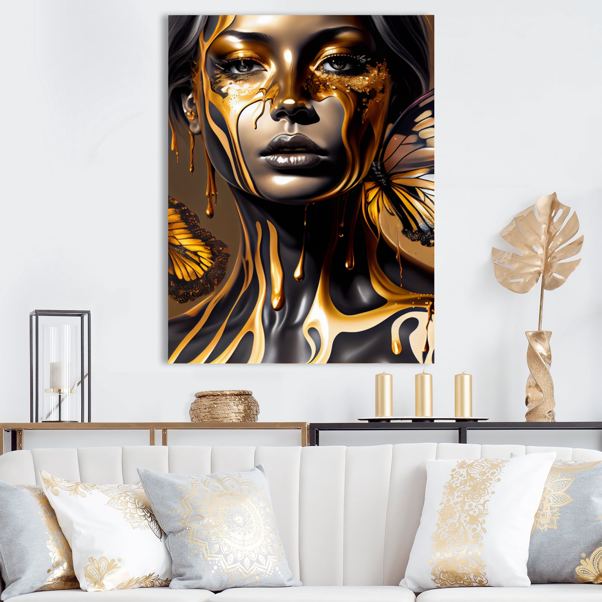 Designart Attractive Woman With Gold Butterflies II Canvas Wall Art