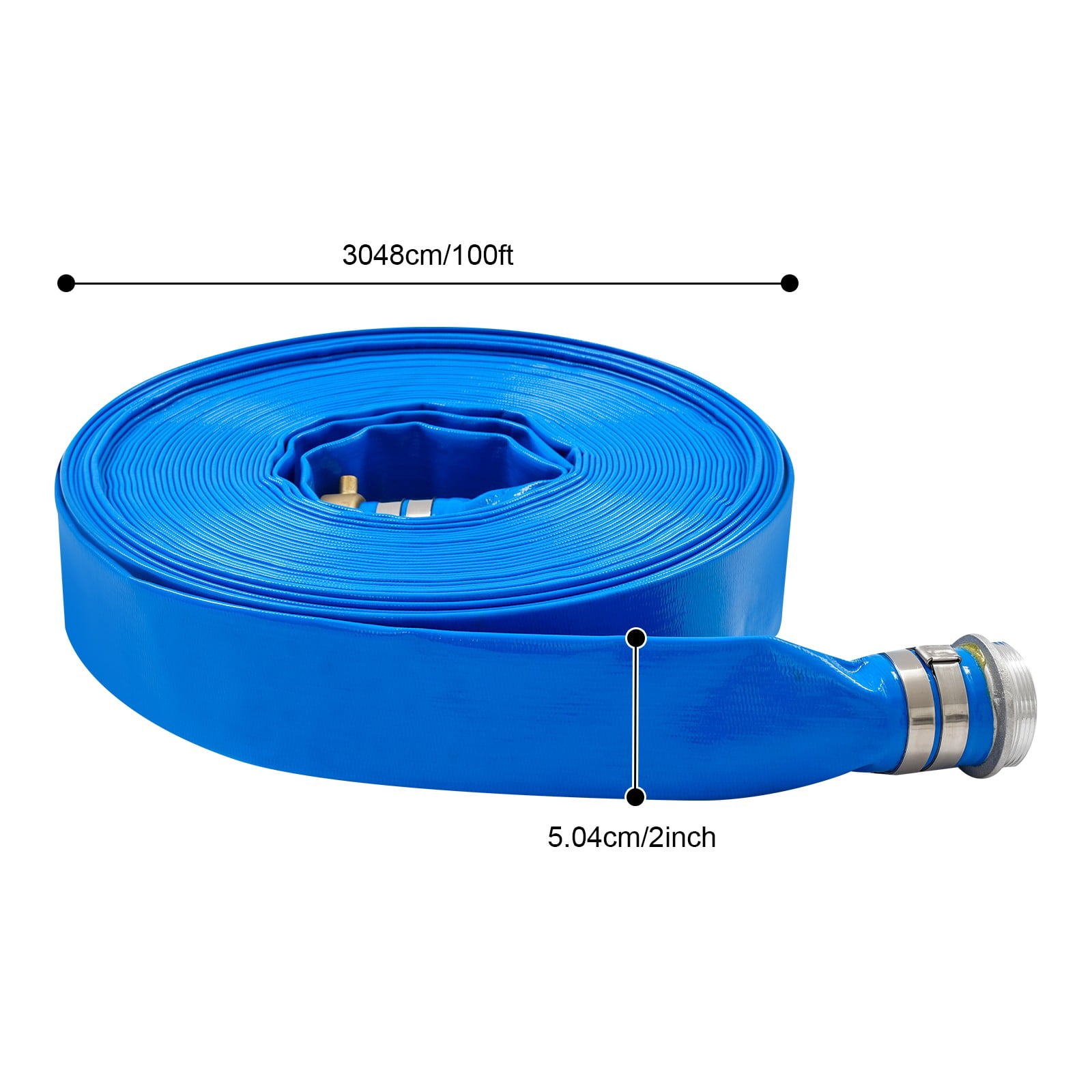 Blue Heavy Duty Water Discharge Hose, Polyester Fibre & PVC Material, 90PSI Working Pressure, 2 Inch Inner Diameter 100FT Flexible Irrigation Pipe