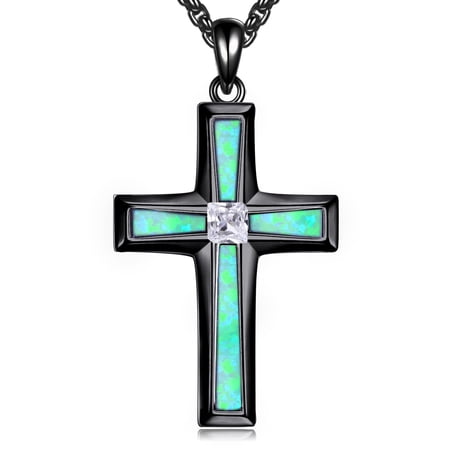 Religious Cross Pendant Necklace Sterling Silver Green Opal Cross Pendant Jewelry Gifts for Women Men