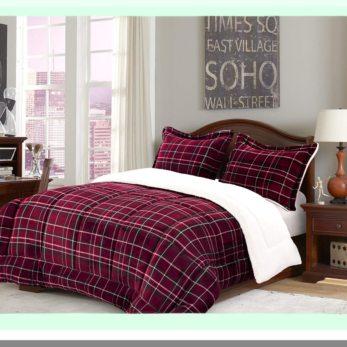 Burgundy Plush Comforter Set Luxe Sherpa Micro Suede Cozy Plaid Reversible Heavy Weight Bedding Walmart