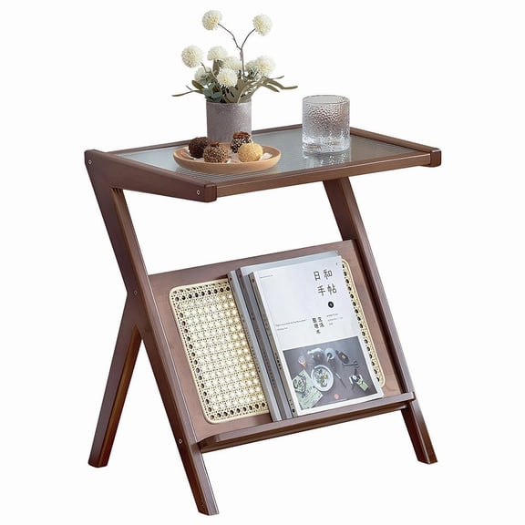 Resenkos Rattan Nightstand Side Table with Glass Top, Boho Accent End Table with Storage for Living Room, Brown