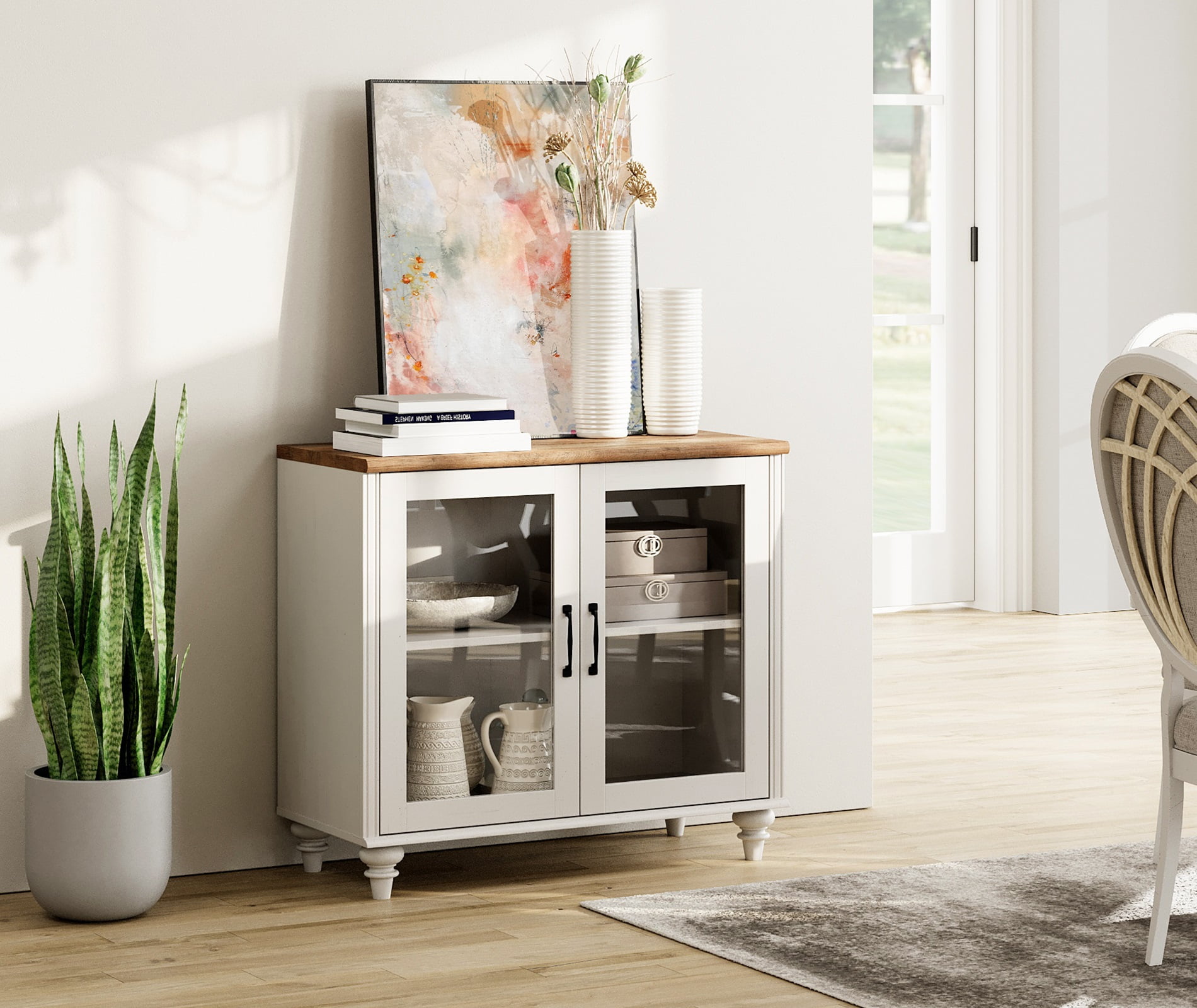 Buffet Cabinet with Ample Storage, Kitchen Sideboard with Glass Door & Adjustable Shelf, Modern Glass Entryway Table or Living Room Dining Room, White