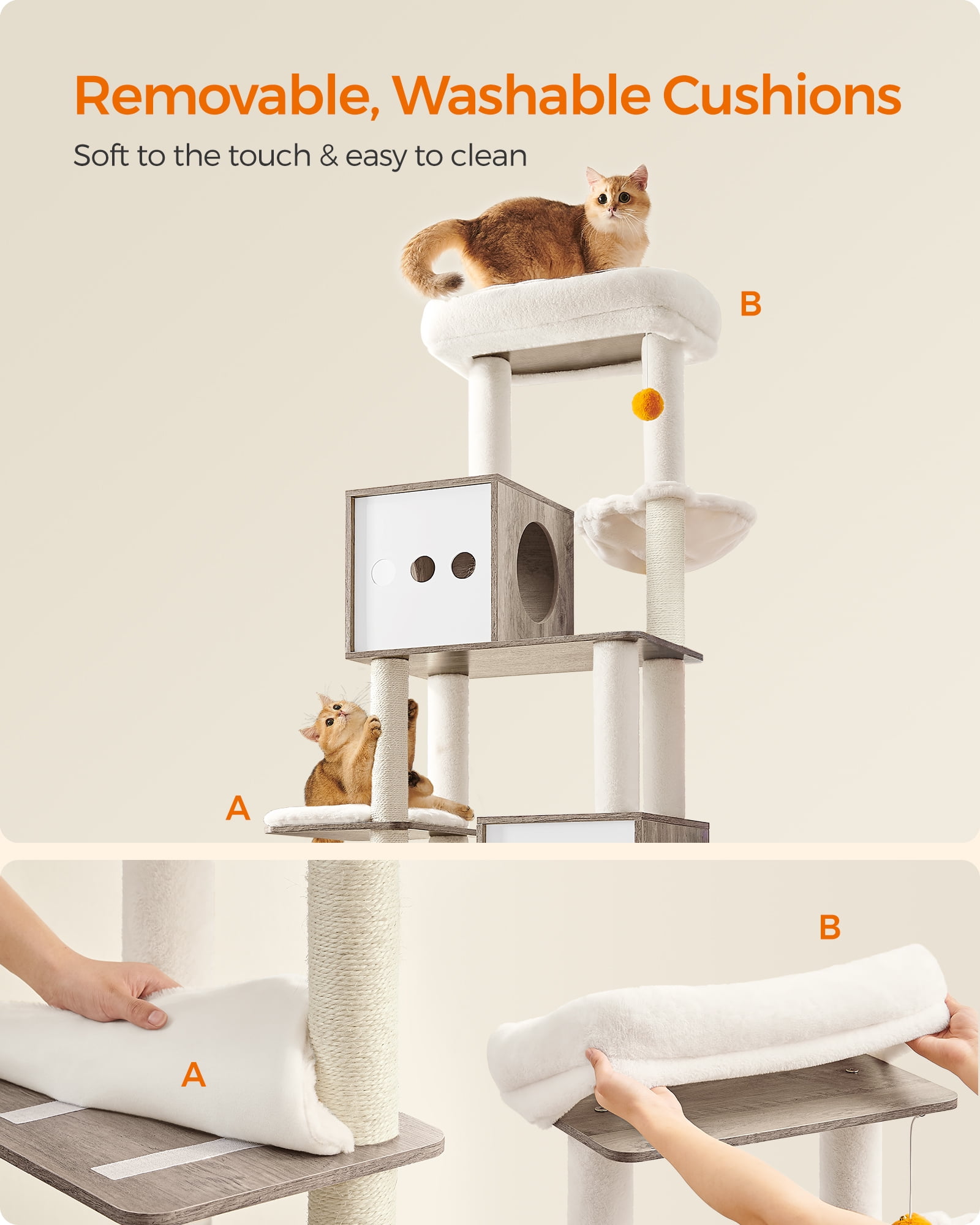 Cat Tree with Litter Box Enclosure - 2-in-1 Modern Cat Tower | 72.8-Inch Tall Condo with Scratching Posts, Perch, Caves, Basket, Washable Cushions, Greige