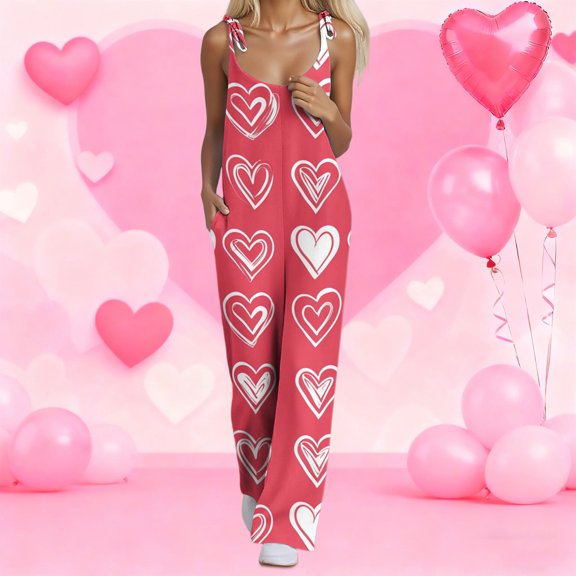 Women's Valentine's Day Overalls Cute Heart Print Sleeveless Straight Leg Jumpsuits Valentine's Day Adjustable Straps Overalls