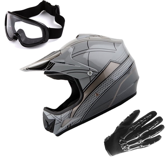WOW Youth Motocross Helmet HJOY BMX MX ATV Dirt Bike Helmet HJOY Spider Black Goggles Skeleton Black Glove Bundle