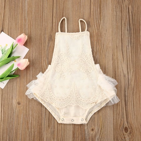 

MissiMae Baby Girls Summer Sleeveless Romper Bandage Floral Lace Embroidery Backless Jumpsuit