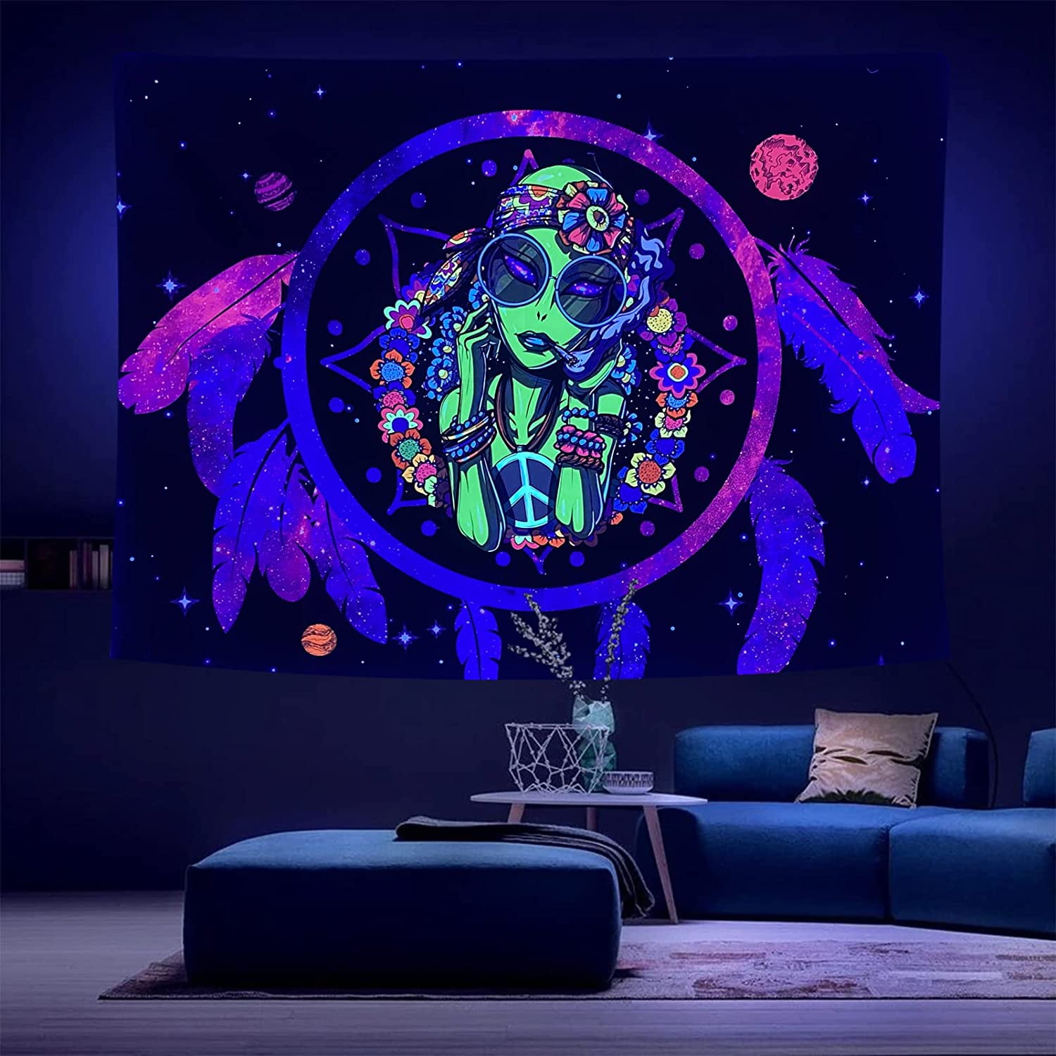 Alien Blacklight Tapestry for Bedroom Aesthetic Flower Trippy Tapestry Hippie Space Neon Tapestry UV Reactive Black Light Posters Glow in the Dark Tapestries Boho Room Decor 37 x28 Walmart