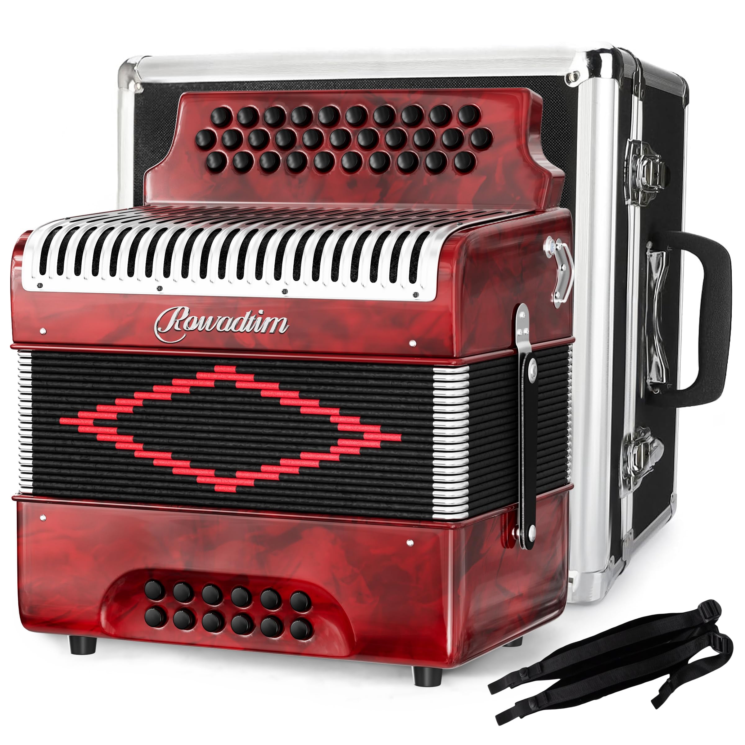 Accordion - 31 Key Diatonic, 12 Bass Buttons (G/C/F Tuning), Push-Pull Isochord Design, Beginner-Friendly Adult Set with Case, Gloves & Cleaning Wipes
