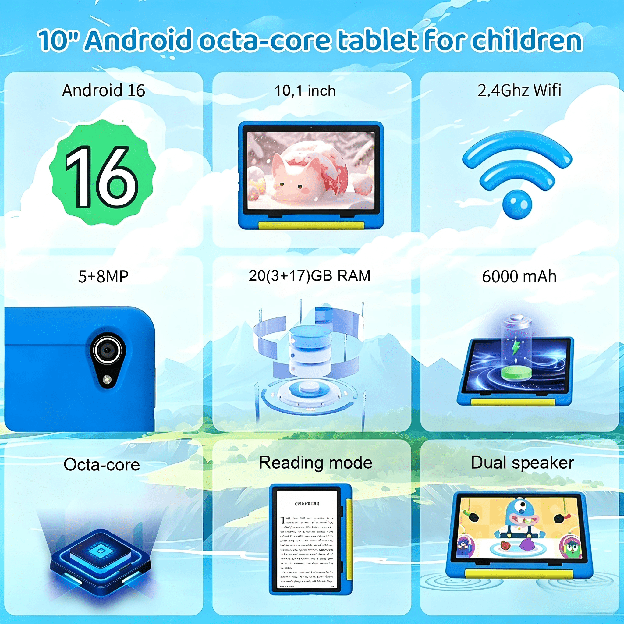 BESTSKI Kids Tablet 10-Inch Android 16 for Ages 3-12, 5-Core 20GB+64GB (1TB Expandable), Parental Control, Pre-Installed KIDOZ & Shockproof Case (Blue)