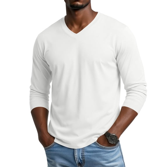 Dwelliawo Men's Big and Tall Shirts Cotton V Neck Long Sleeve Tops Loose Fit Casual Overszied Fall Soft Basic Tee White L