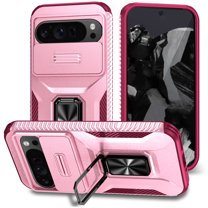 Dteck Shockproof Case for Google Pixel 9 Pro / 9, with Slide Lens Cover Military Grade Ring Stand Protection Anti-Slip Phone Case, Pink