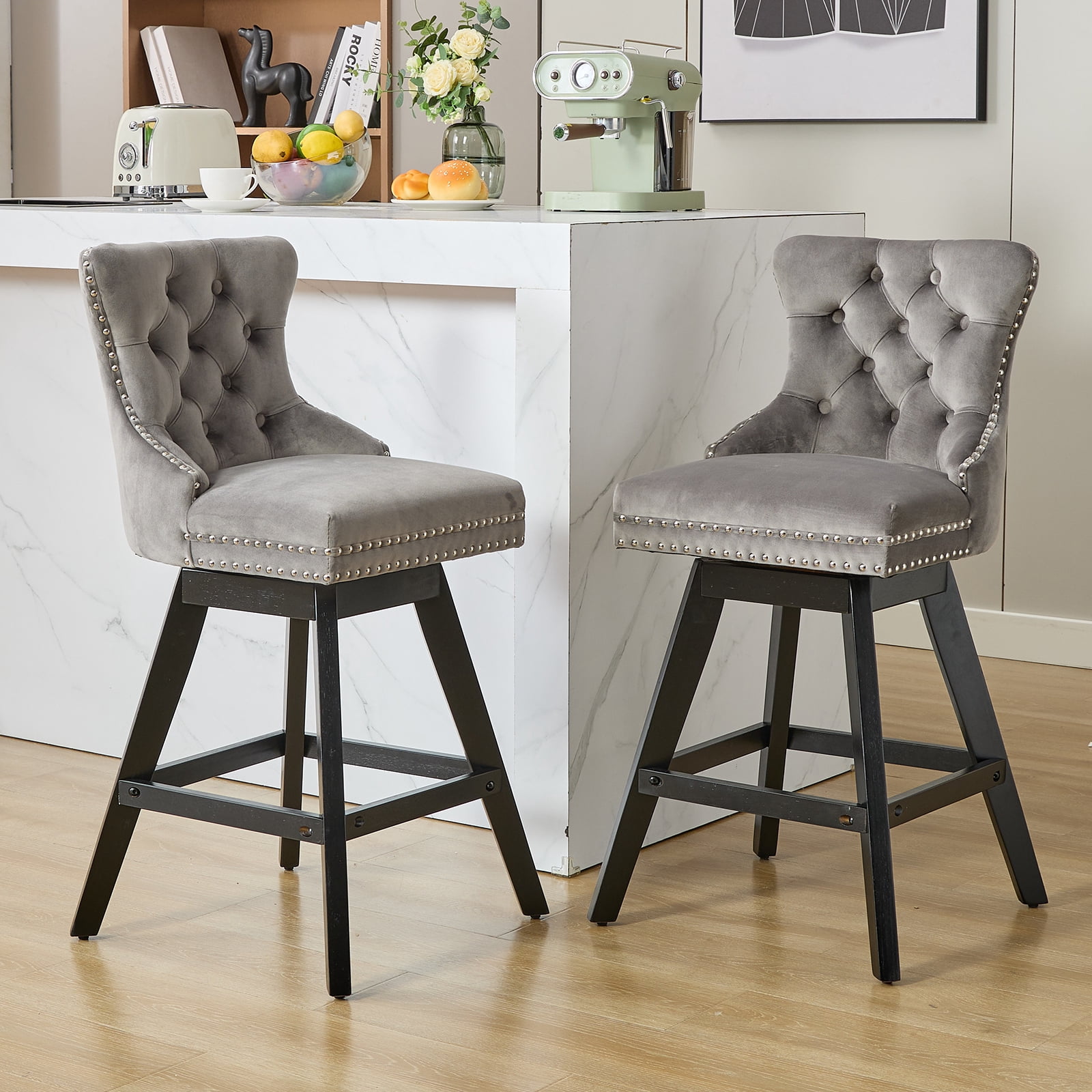 Modern Swivel Bar Stools Set of 4, Grey Counter Height Bar Stools with Back for Kitchen Island, Velvet Upholstered Island Chairs with Wood Legs, Barstool Chairs, Sillas para Barra de Cocina