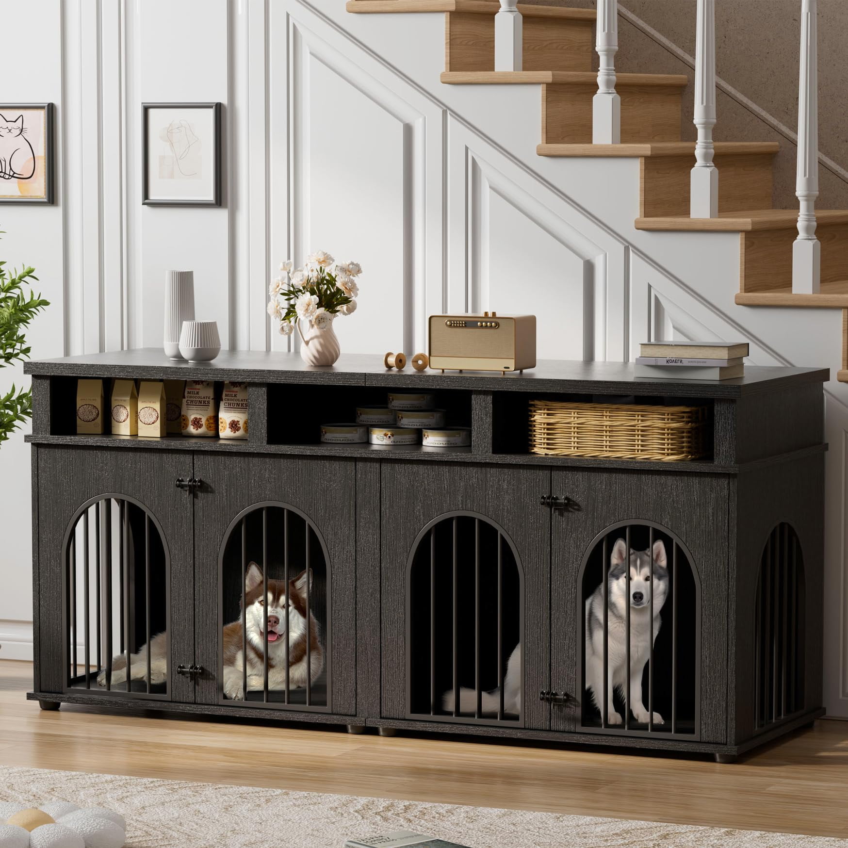 HELLONE 71" Large Double Dog Crate Furniture with 3 Storage Shelves for 2 Medium Dogs, Black