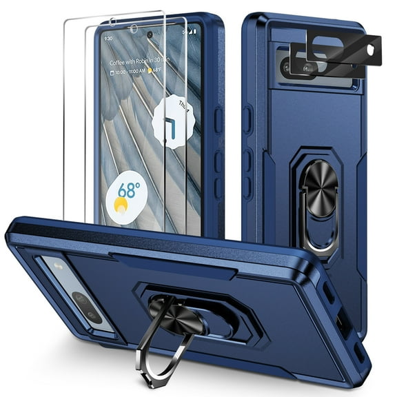 Orzero [5 in 1 for Google Pixel 7a Phone Case, Ring Shockproof Protective Phone Case with Screen Protector and Camera Lens Protector for Google Pixel 7a, Drop Protection Cover, Blue