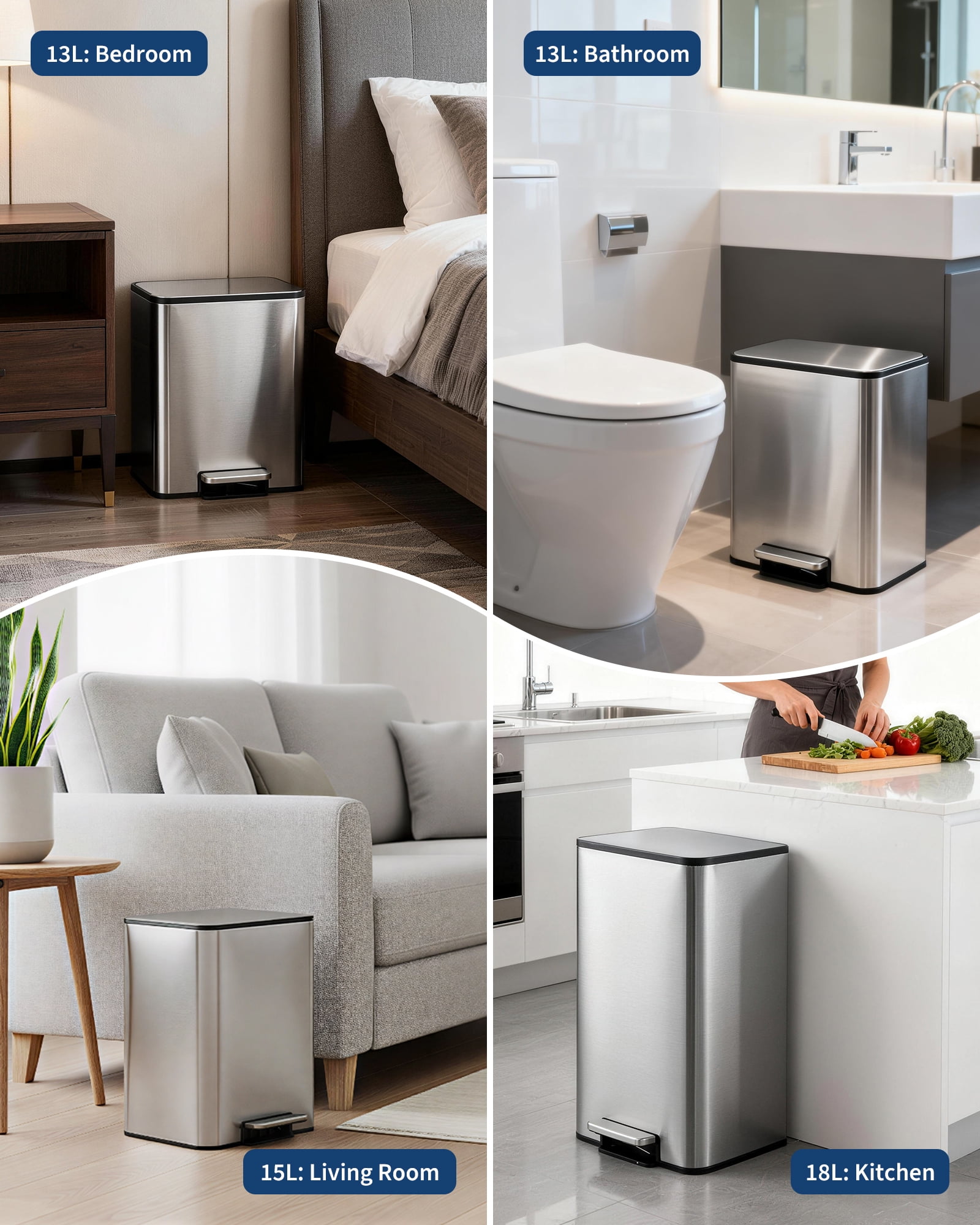 Space-Saving Bedroom Trash Can, 4 Gallon Small Trash Can with Soft-Close Lid, Foot Pedal & Removable Inner Bucket, Rectangular Stainless Steel Garbage Can for Living Room, Home, Office, Silver