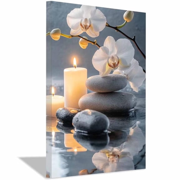 Mudket White Orchid Flowers with Zen Stones Canvas Wall Art, Serene Water Reflection Spa Wall Decor, Framed Ready to Hang for Living Room Bedroom Office, Calming Botanical Print - 12"L x 8"W