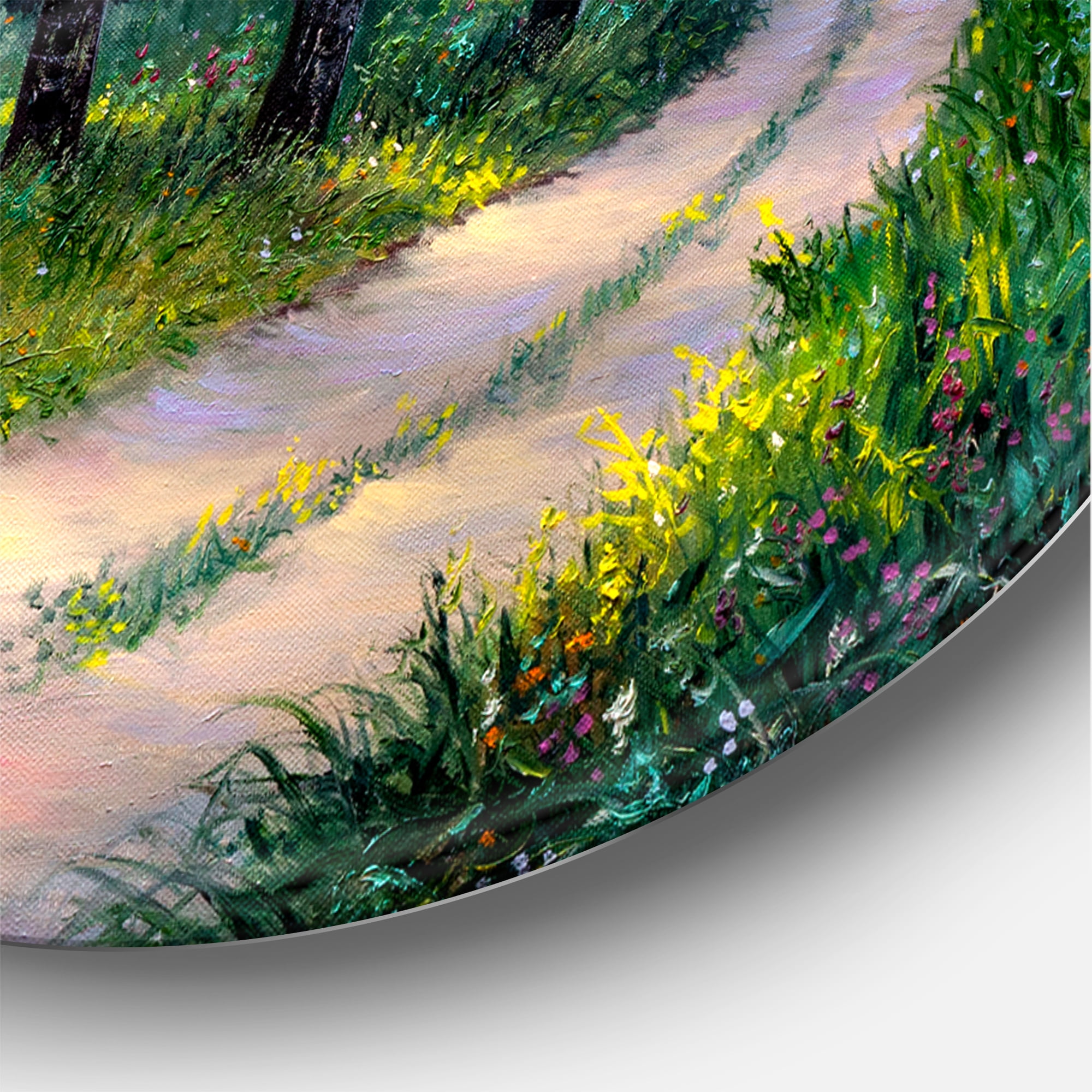 Designart 'Summer Forest Path By The Birches' Lake House Circle Metal Wall Art 36x36 - Disc of 36