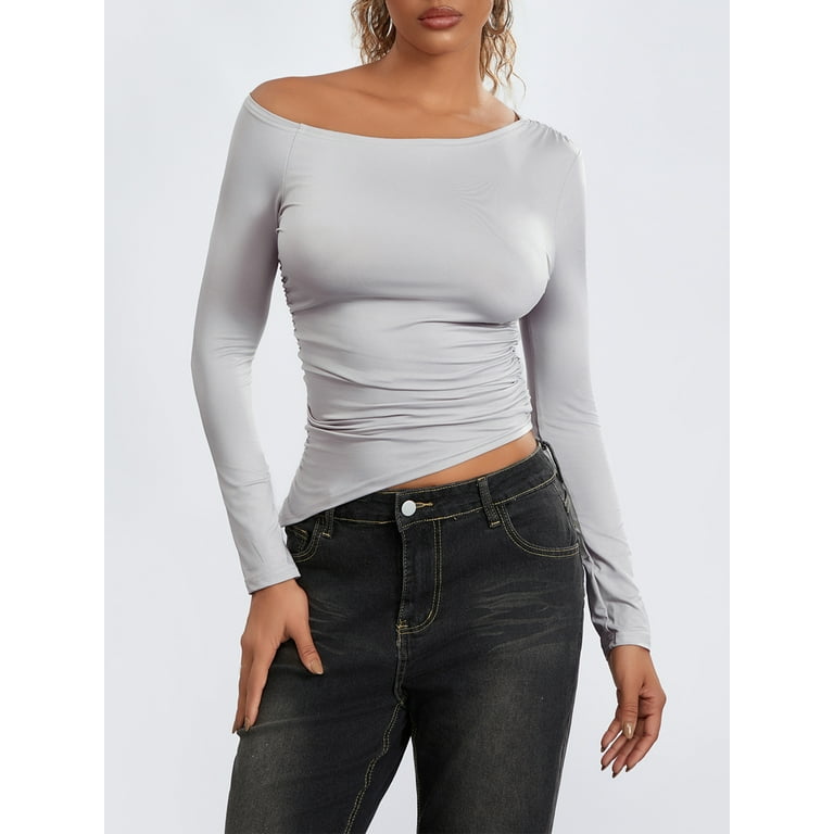 Women's Spring Summer Fitted Tops Long Sleeve Irregular Off