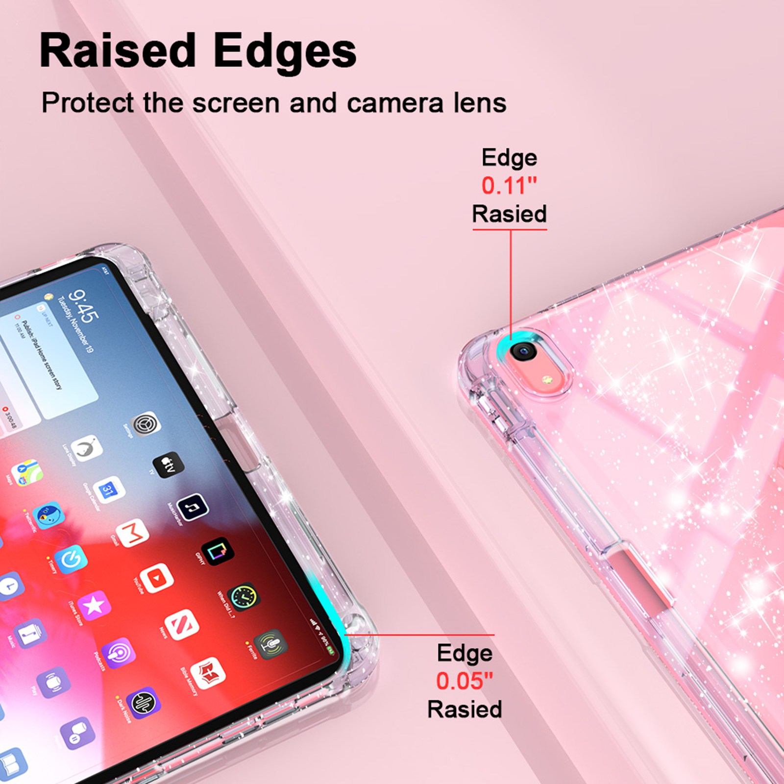 ELEHOLD Glitter Case for  iPad 9th/8th/7th Generation with Pencil Holder,  Auto Sleep/Wake Magnetic Stand Cover, Sparkly Clear Back Shell with Tri-Fold Stand , Pink
