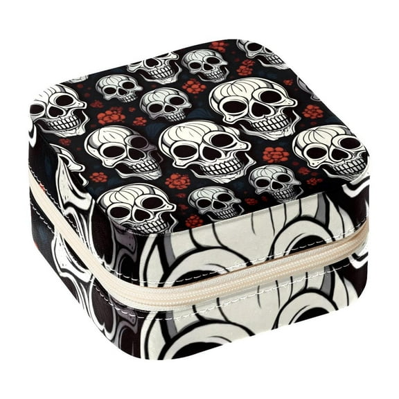 PhooArto Small Jewellery Box, Skulls Head Pattern Portable Travel Mini Jewelry Case for Women Leather Ring Organizer