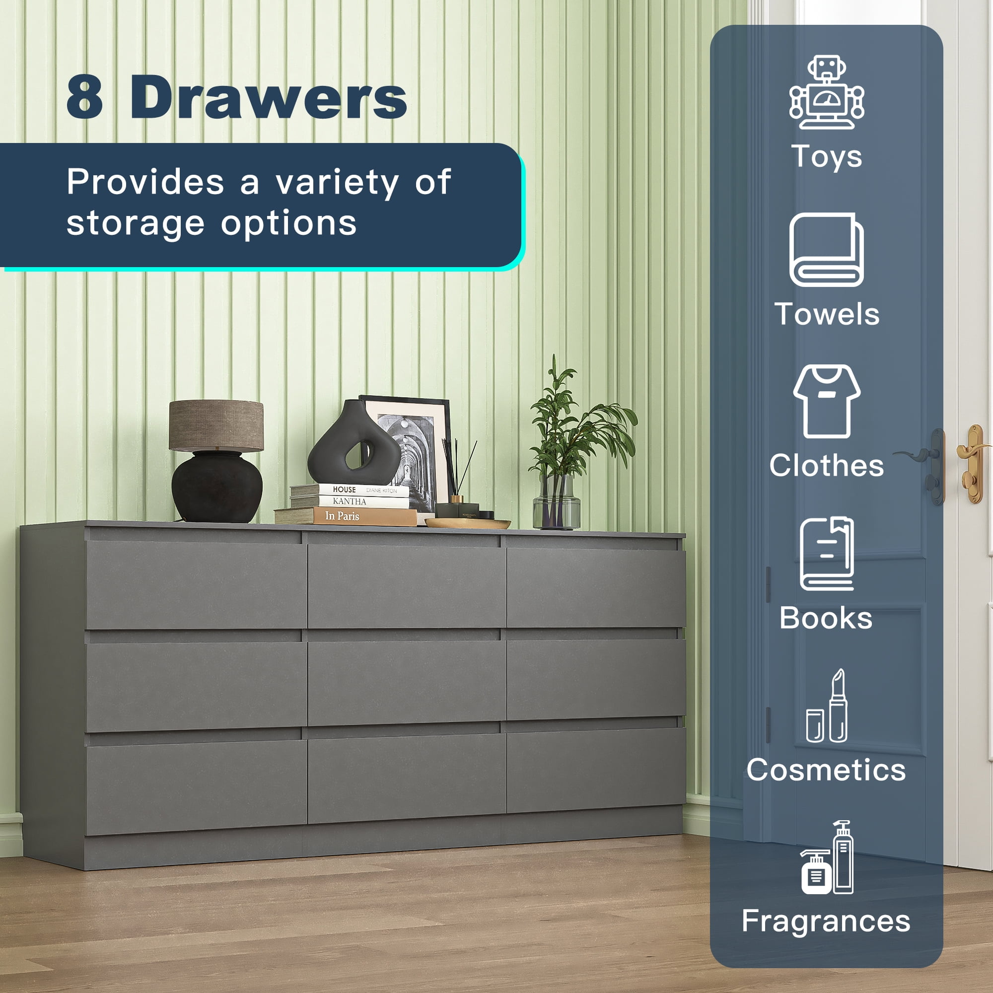 Demi Bonn 9 Drawer Double Dresser, Modern 9 Chest of Drawers with Deep Drawers, Wide Storage Organizer Cabinet for Living Room, Gray