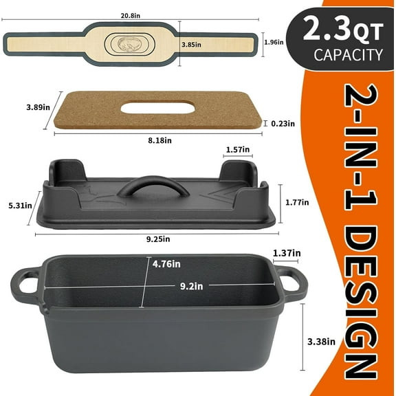 9.5×5 Inch Cast Iron Loaf Pan with Lid, 2-In-1 for Homemade Sourdough Baking, Vegetable Oil Seasoned Dutch Oven with Pressure Release Vents & Dual Use Griddle, for Kitchen, Oven & Camping