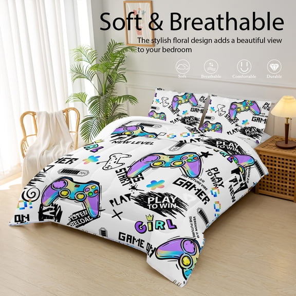 3Pcs Game Controller Comforter Set Twin Size,Game Prints Bedding Set for Teens Boys Girls,white Comforter with 2 Pillowcases,Soft and Lightweight