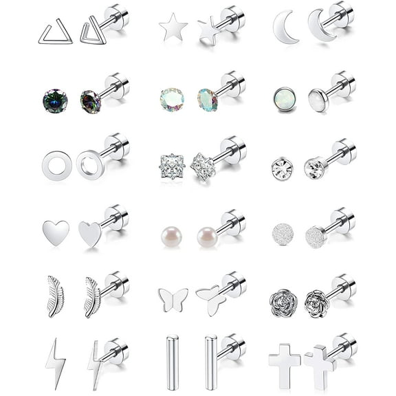 18 Pairs Stainless Steel Stud Earrings, Hypoallergenic Flatback Earrings Piercing Jewelry for Women Men
