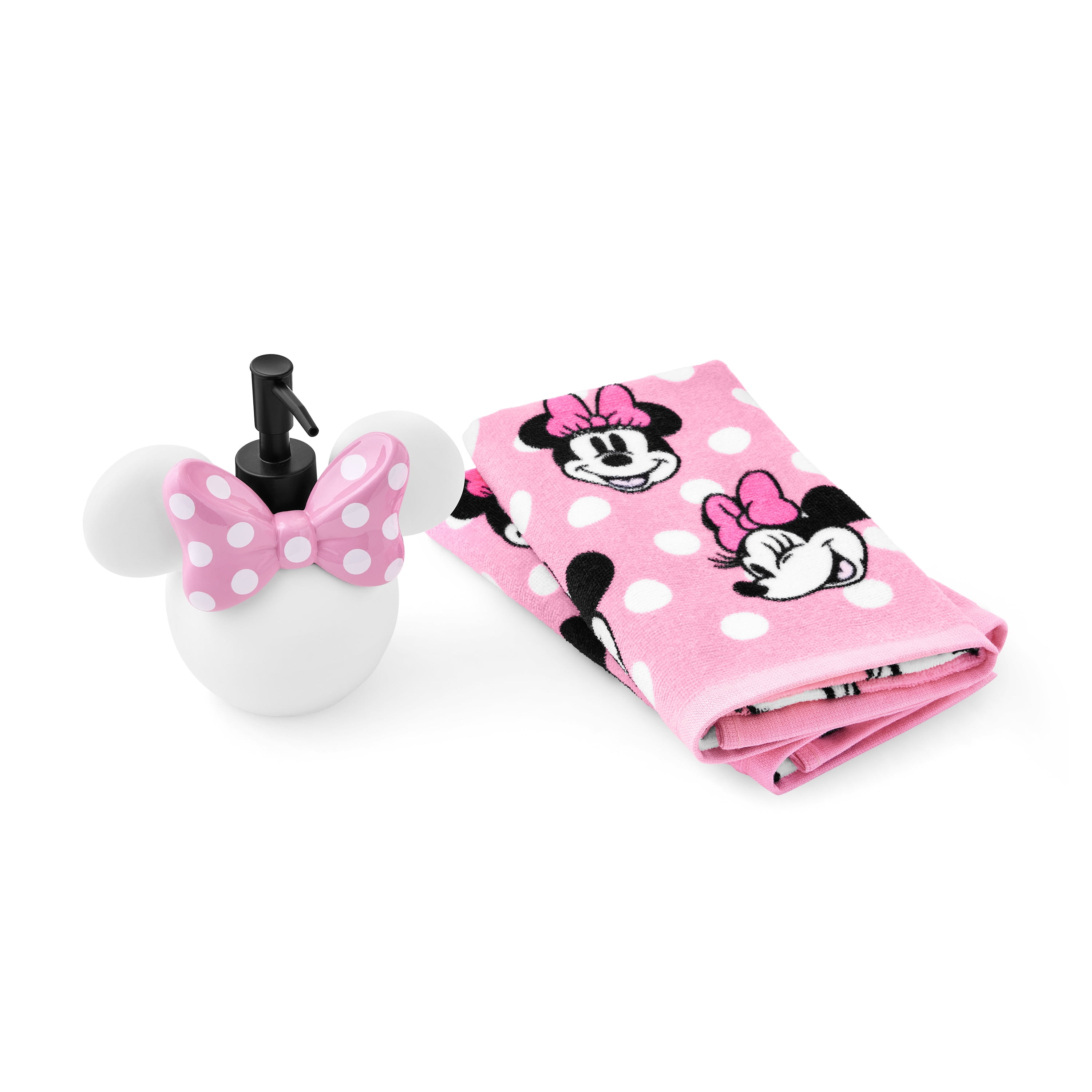 Minnie Mouse 3-Piece Bath Set, 2pk Hand Towel & Sculpted 5.5" Lotion Pump, Cotton, Poly-Resin, White, Disney
