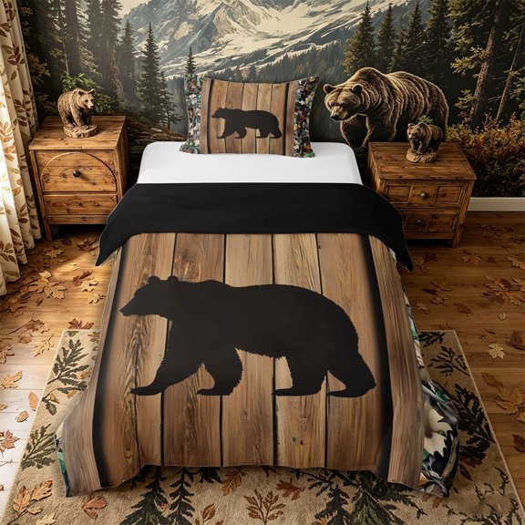 Castle Fairy Rustic Animal Bear Twin Duvet Cover for Teens,Camouflage Lodge Autumn Leaf Twin Bedding,Brown Green,Black Reversible,2pcs,No Comforter,1 Duvet Cover and 1 Pillowcase