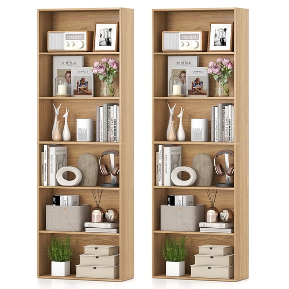 Gymax Set of 2 70'' Tall 6-Tier Bookcase w/6 Open Shelves Anti-Toppling Kits Living Room Natural