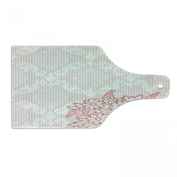 Coral Cutting Board, Antique Ornate Royal Checkered Floral Backdrop with Doodle Style Daisy Bouquet, Tempered Glass Cutting and Serving Board, Wine Bottle Shape, Coral Pale Pink, by Ambesonne