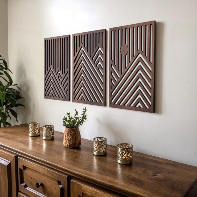 Set moderno de 3 esculturas de pared qmmp para decoración del hogar en madera de roble laminado