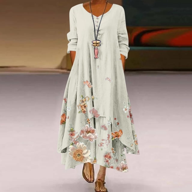 TIMIFIS Robe Maxi pour Femmes Femmes Robe Décontractée à Imprimé Floral Col Rond Manches Longues Irrégulière Ample Longue Robe Mode Automne pour Femmes