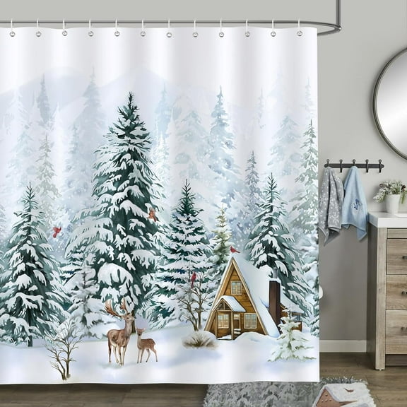 Winter Pine Tree Shower Curtain Deer Cardinal Snowy Forest Christmas Holiday Decorative Bath Curtain 66 x 72 Inch Polyester Fabric Waterproof Bathroom Curtain with 12 Hooks