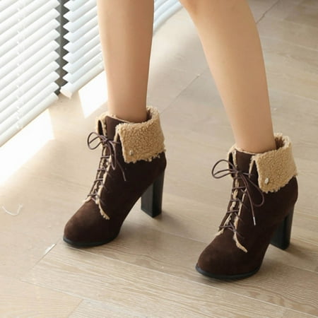 

Christmas Women s Autumn And Winter Warm Retro Fashion Round Toe Plush Flock Square Heel Cross Lace Short Boots Shoes