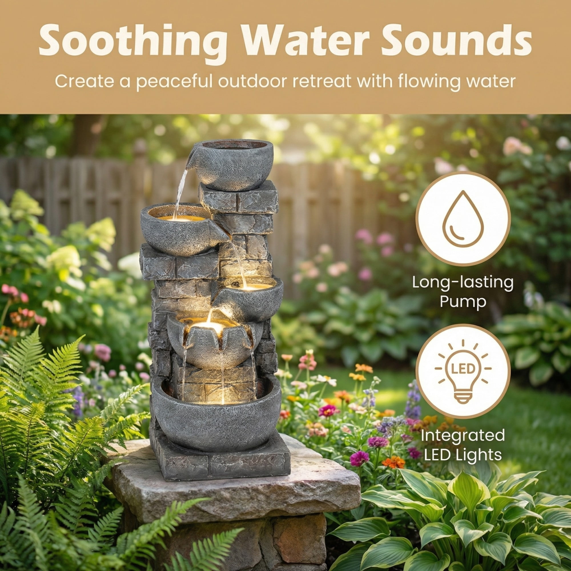 ELLEGNT 33" 5-Tier Cascading Water Fountain with Color-Changing LED Lights – Outdoor Fountain for Patio, Backyard, Porch, Deck, or Garden
