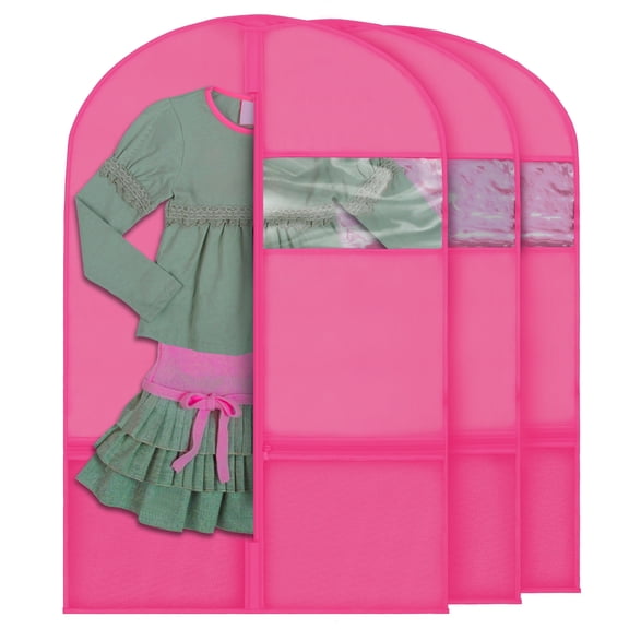 Plixio Garment Bags for Kids Dance Costumes with Transparent Window and Zippered Mesh Pockets for Shoes Clothing and Accessory Storage (3 Pack) (Pink: 36" x 23")