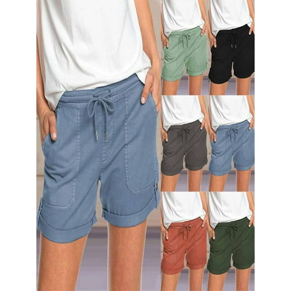 FAIWAD Women Shorts Elastic High Waist Drawstring Lounge Shorts Rolled Hem Summer Streetwear Shorts with Pockets