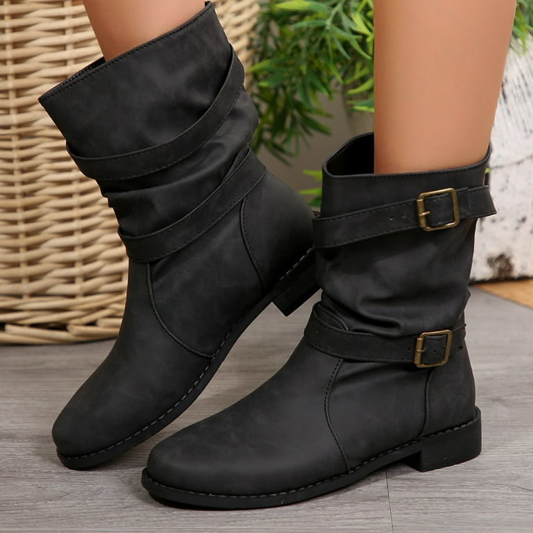 Oyedens Slouchy Wide Mid Calf Boots for Women Suede Denim Fashion