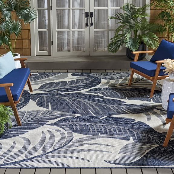 Safavieh Beach House Quintella Botanical Indoor/Outdoor Area Rug, Navy/Ivory, 6'7" x 6'7" Square