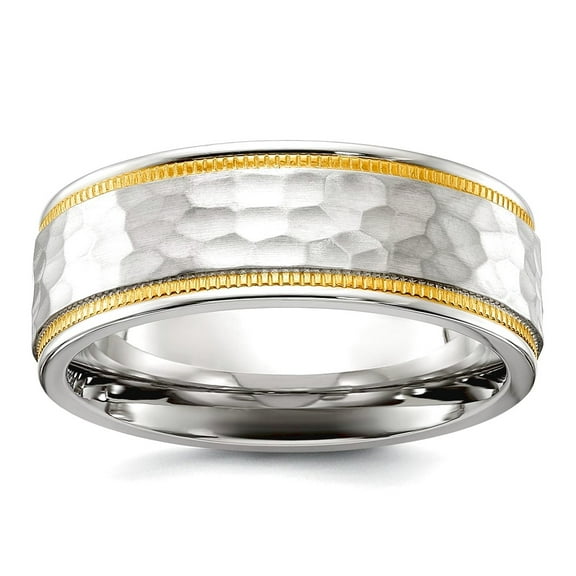 8mm Stainless Steel Brushed and Polished Hammered Yellow Ip Plated Band Size 9.5 Ring for Women and Men