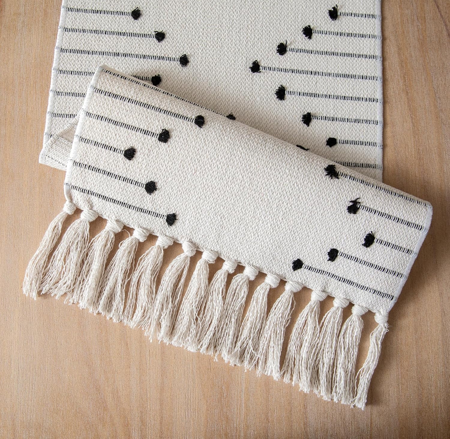 Boho Table Runner 13 x 90 Inch Long Natural Cotton Woven Runner with Tassels for Home Dining Table décor, for Modern Farmhouse Decor Coffee Table Runner, Taupe and Beige